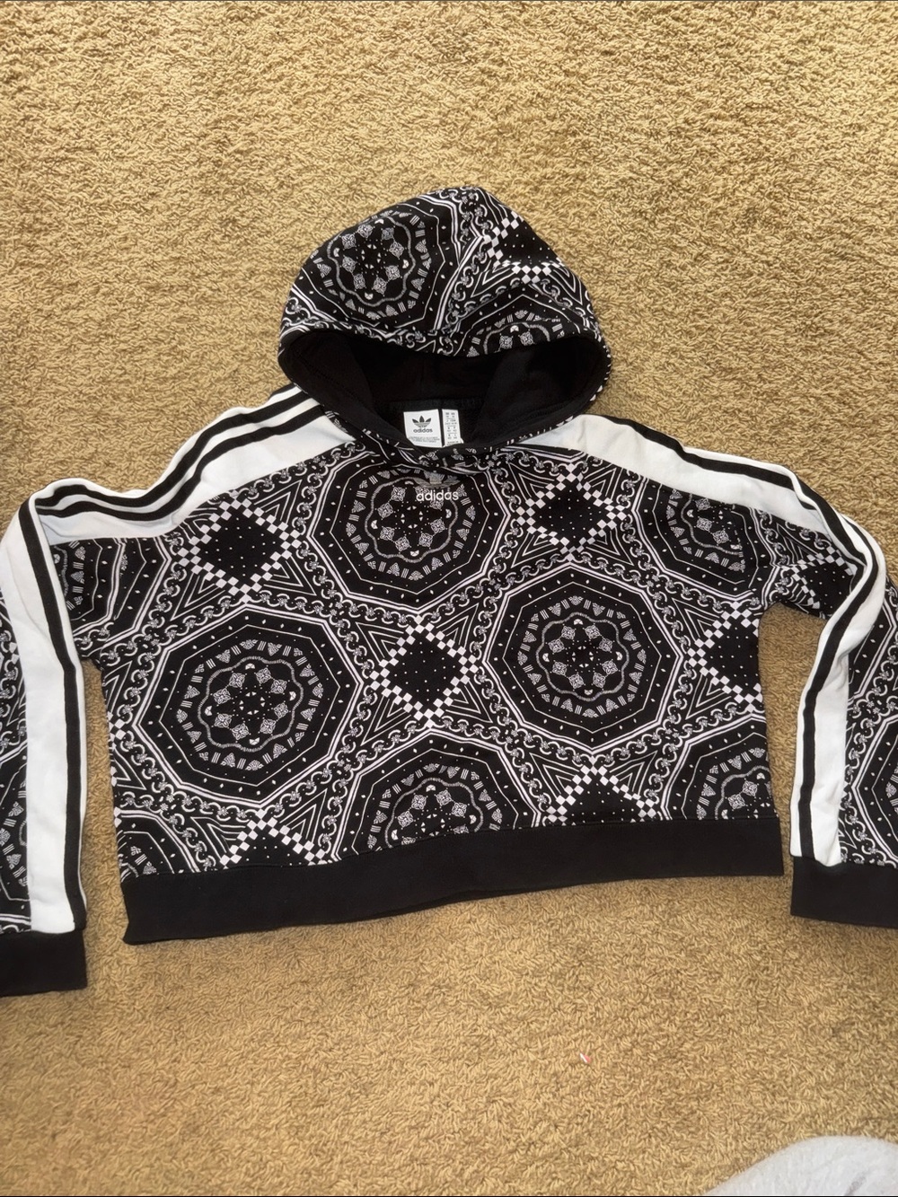 adidas Black & White Bandana-Print Hooded Crop Sweatshirt